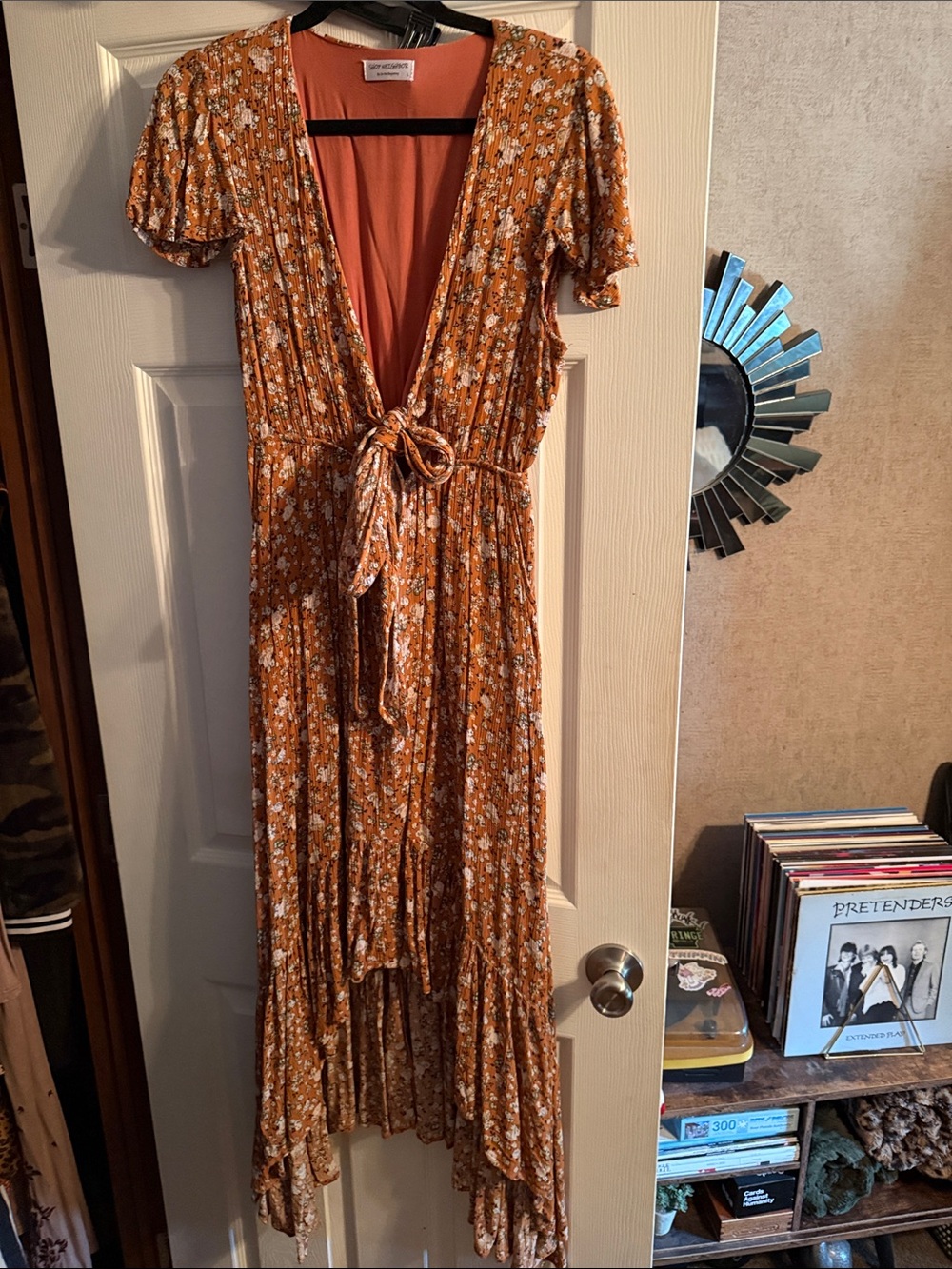 Floral Rust High-Low Wrap Dress with Tie Waist